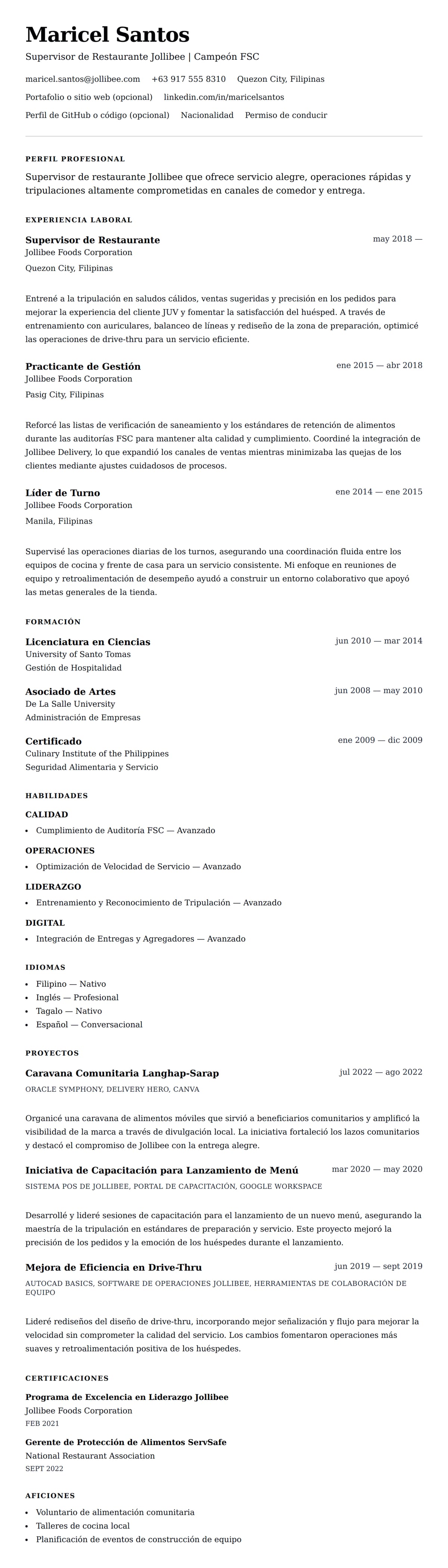 Vista previa del currículum Ejemplo de Currículum de Supervisor de Restaurante Jollibee