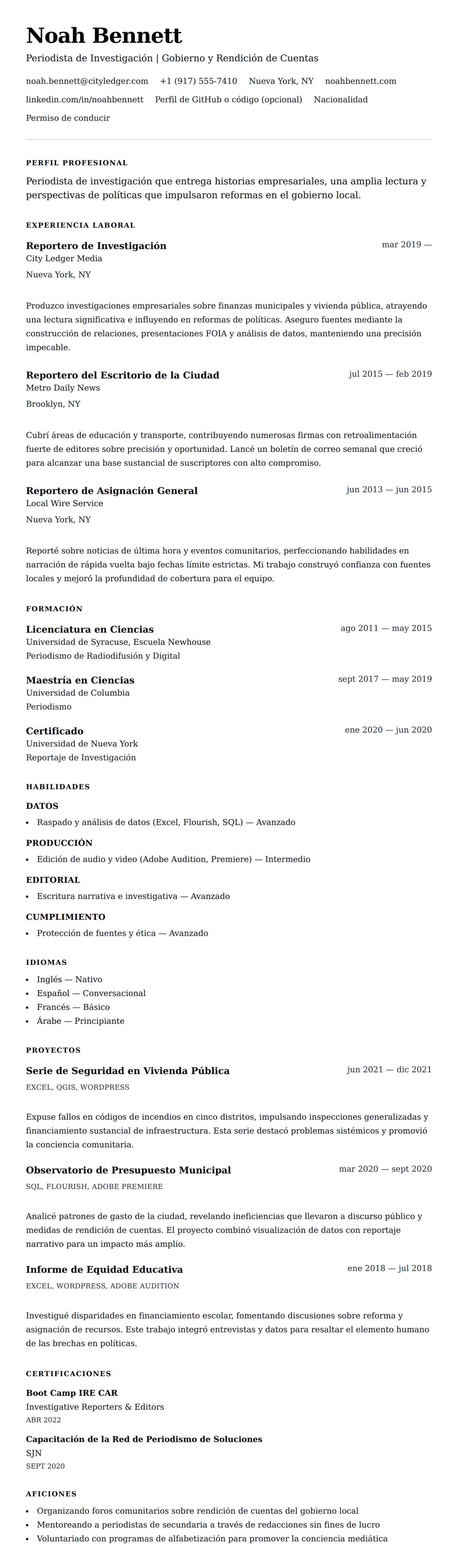 Vista previa del currículum Ejemplo de Currículum de Periodista