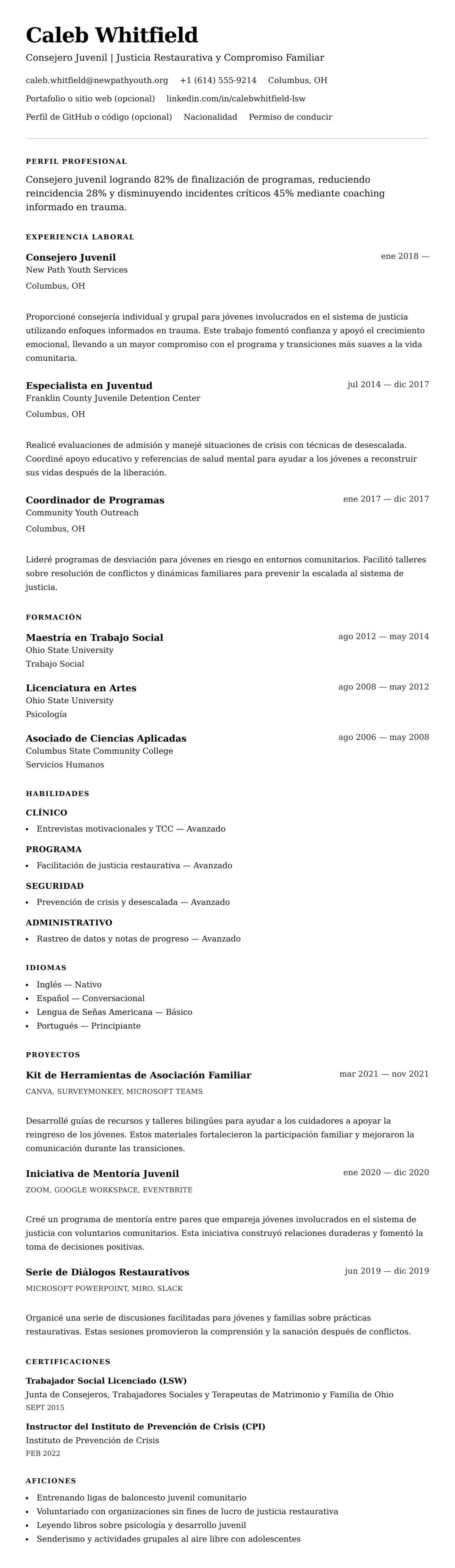 Vista previa del currículum Ejemplo de Currículum de Consejero Juvenil