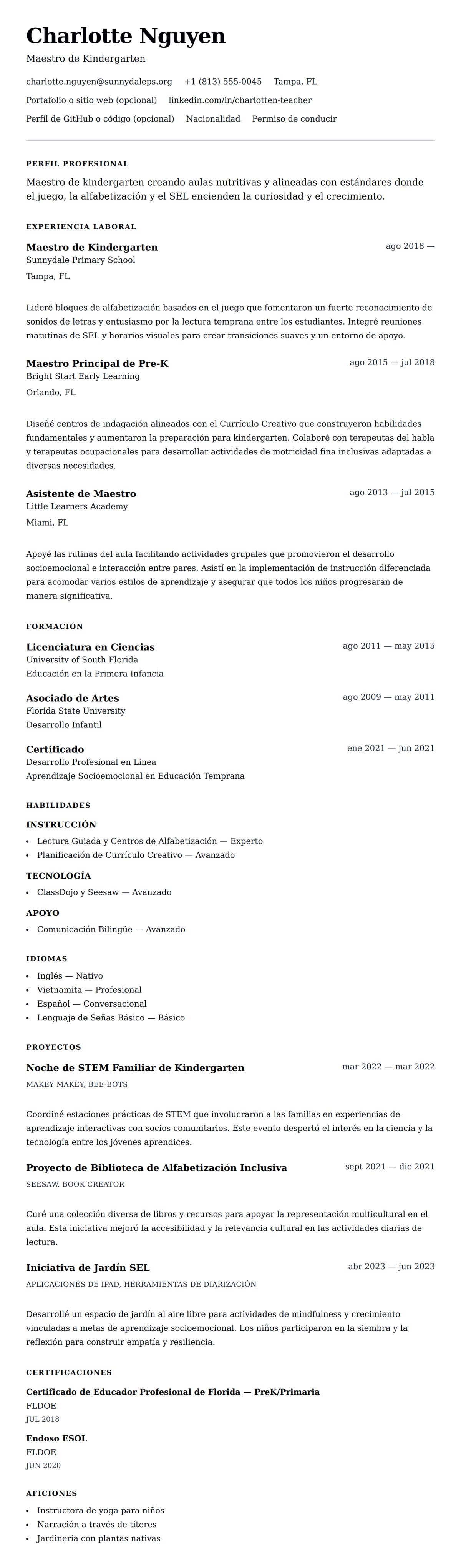 Vista previa del currículum Ejemplo de Currículum de Maestro de Kindergarten