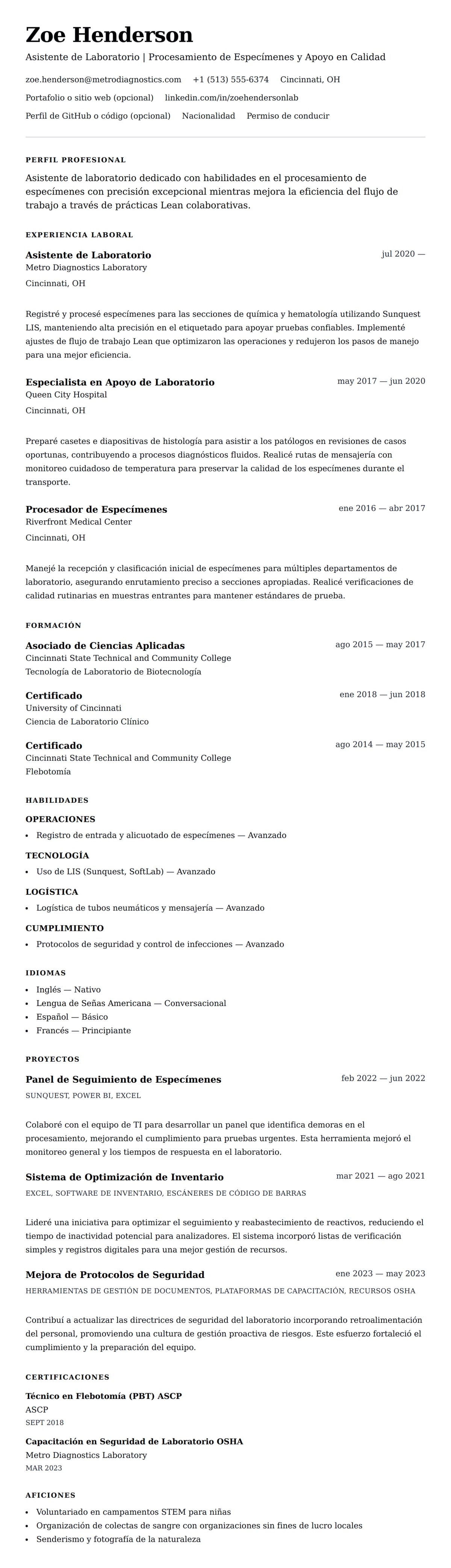 Vista previa del currículum Ejemplo de Currículum de Asistente de Laboratorio
