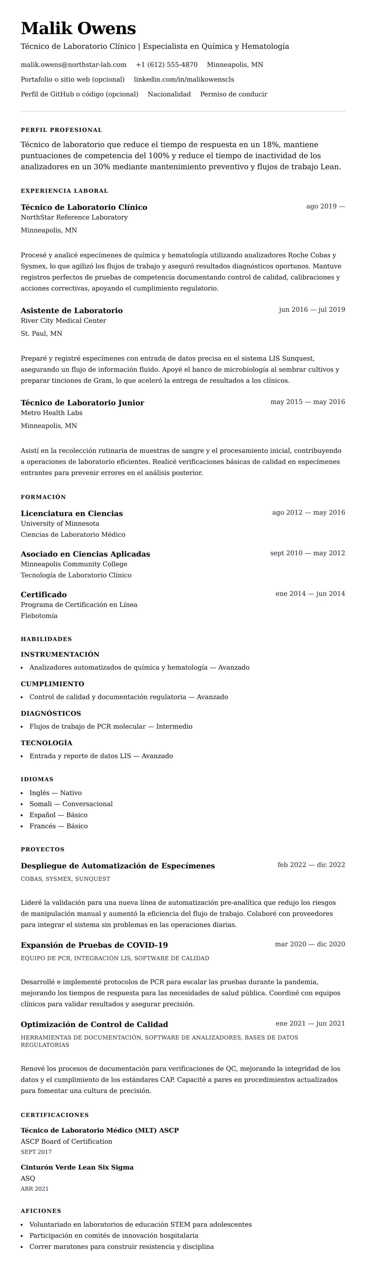 Vista previa del currículum Ejemplo de Currículum de Técnico de Laboratorio