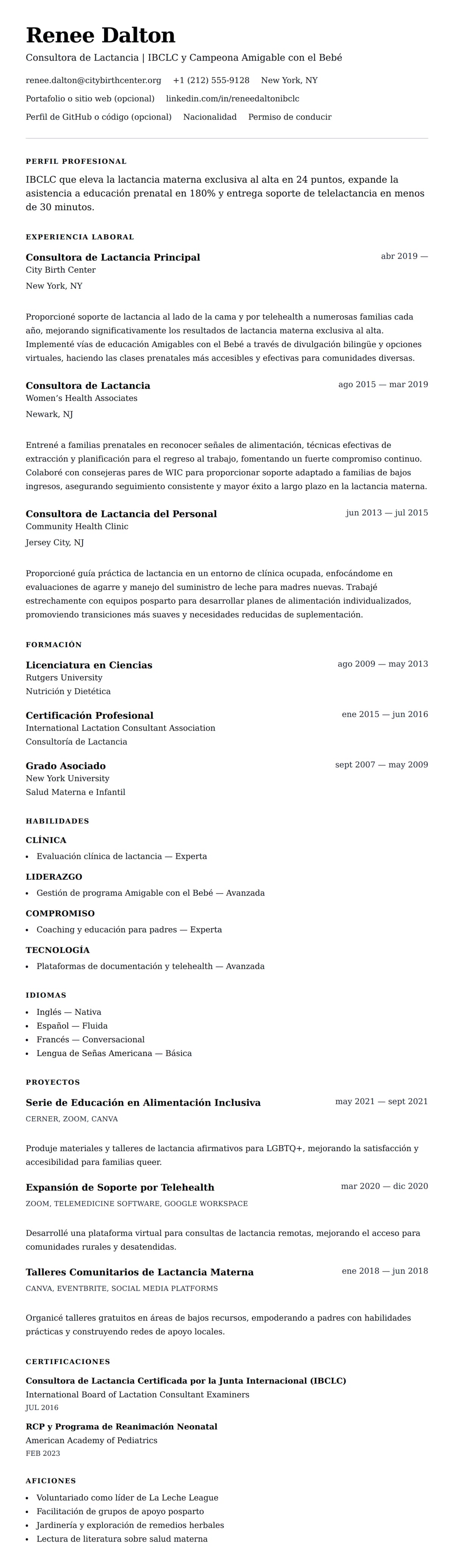 Vista previa del currículum Ejemplo de Currículum de Consultora de Lactancia