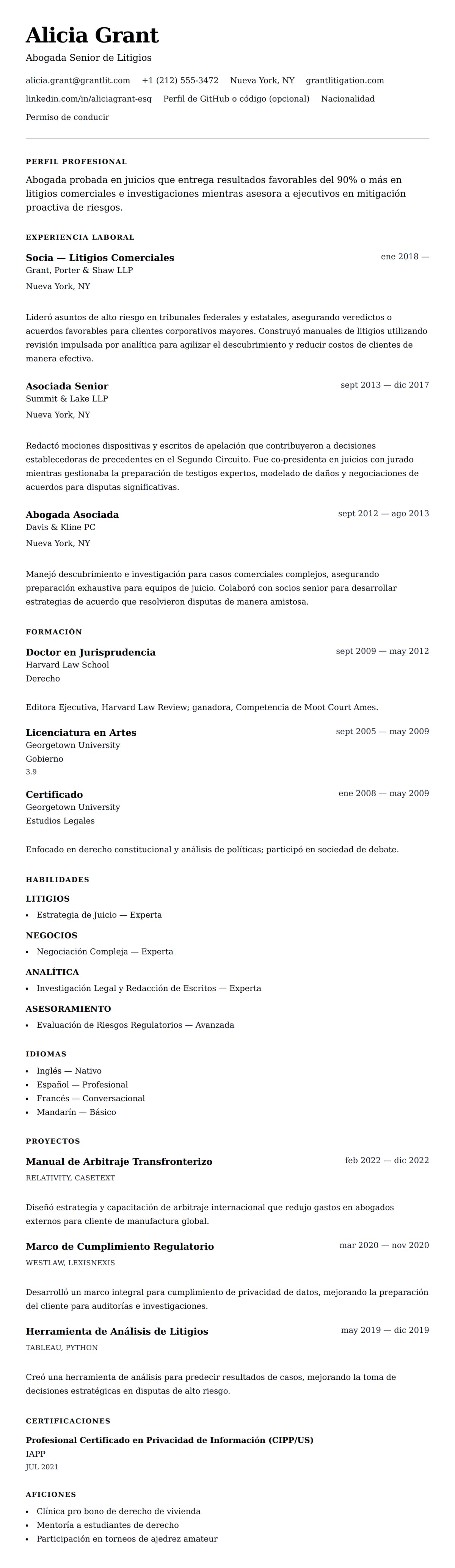 Vista previa del currículum Ejemplo de Currículum de Abogado