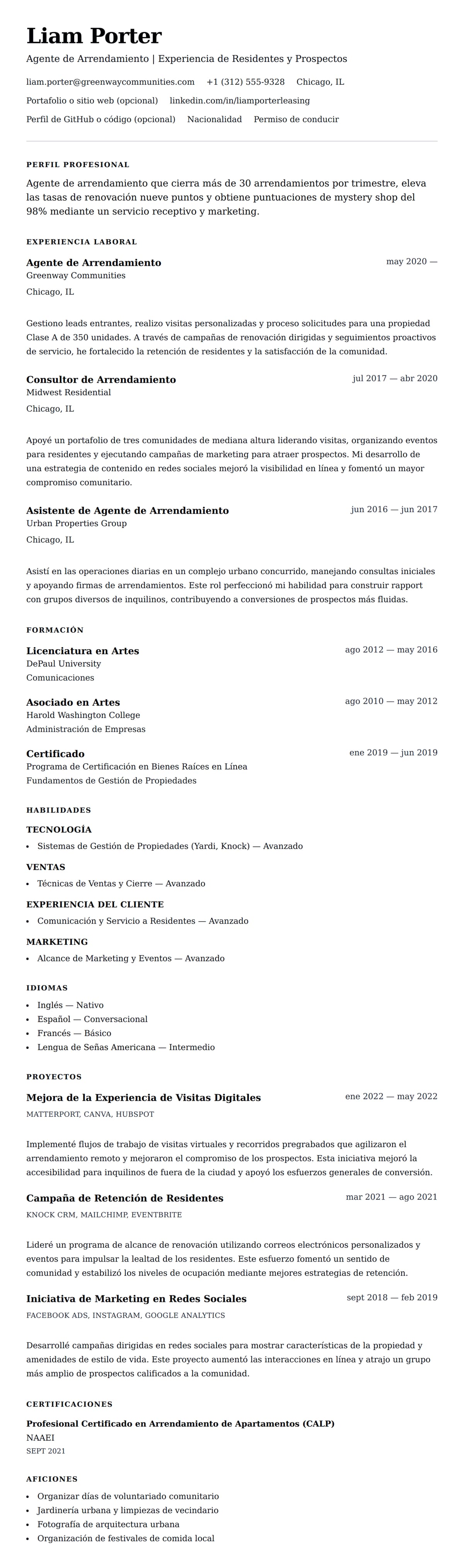 Vista previa del currículum Ejemplo de Currículum de Agente de Arrendamiento