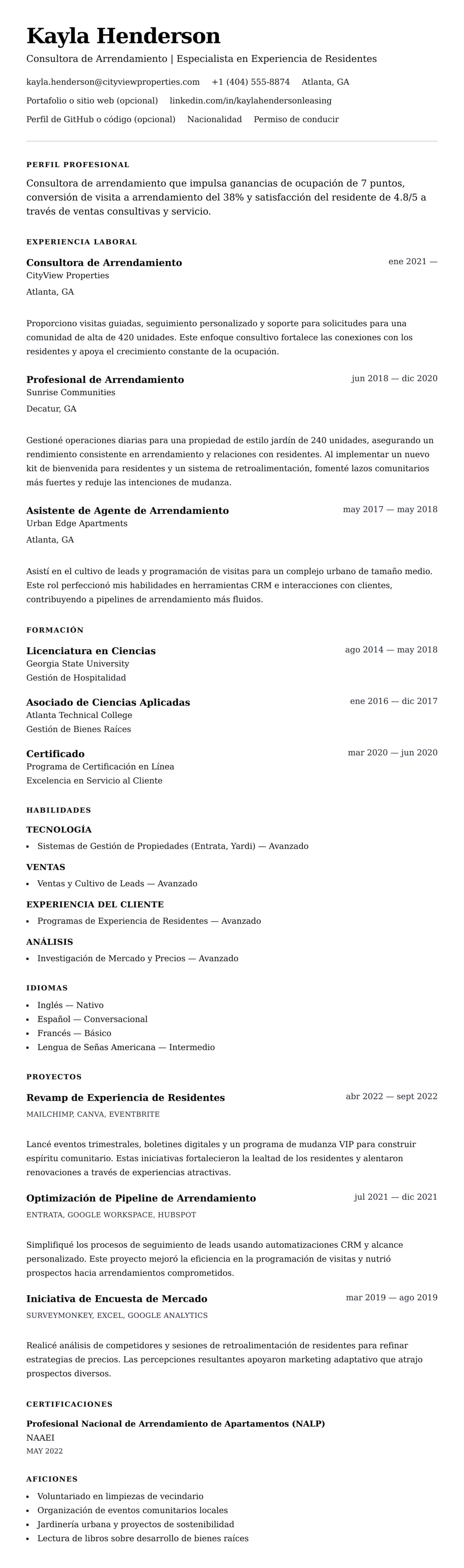 Vista previa del currículum Ejemplo de Currículum de Consultor de Arrendamiento