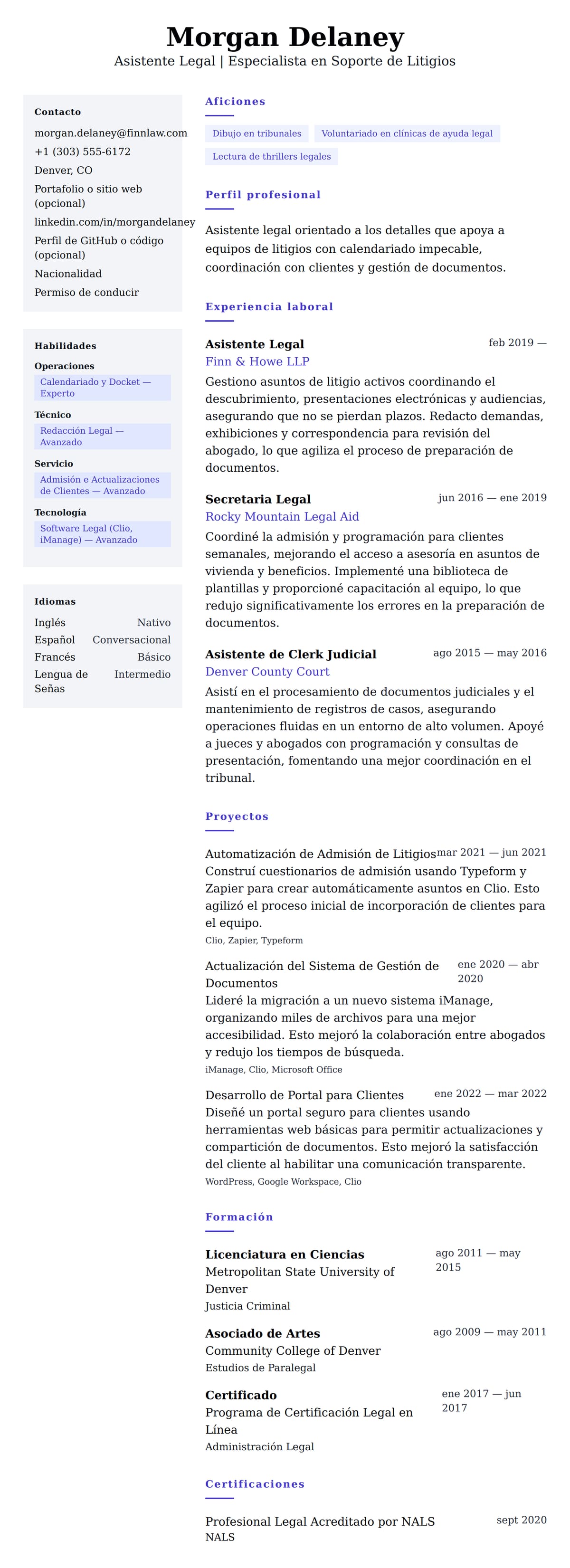 Vista previa del currículum Ejemplo de Currículum de Asistente Legal