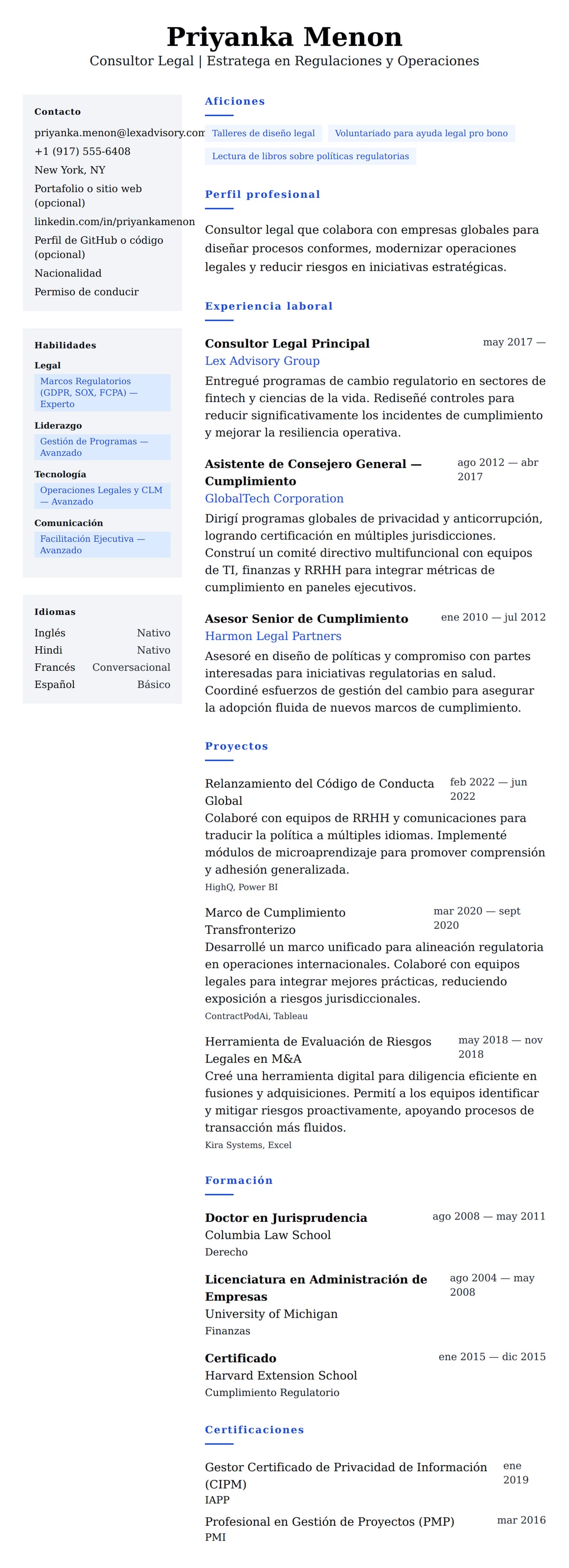 Vista previa del currículum Ejemplo de Currículum de Consultor Legal