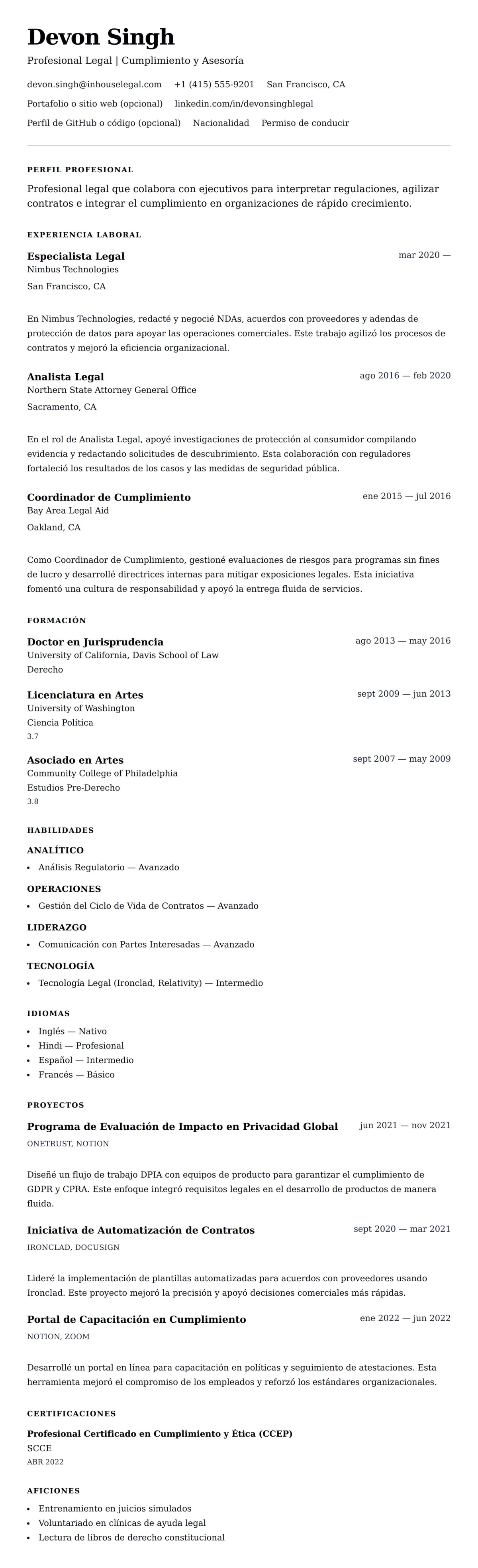 Vista previa del currículum Ejemplo de Currículum de Profesional Legal