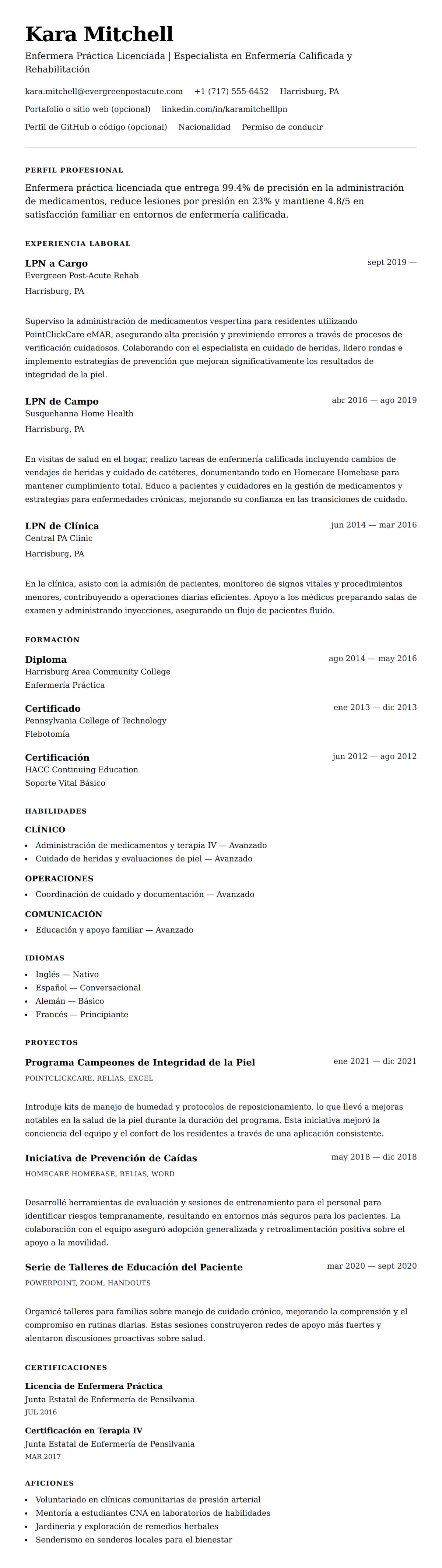 Vista previa del currículum Ejemplo de Currículum de Enfermera Práctica Licenciada (LPN)