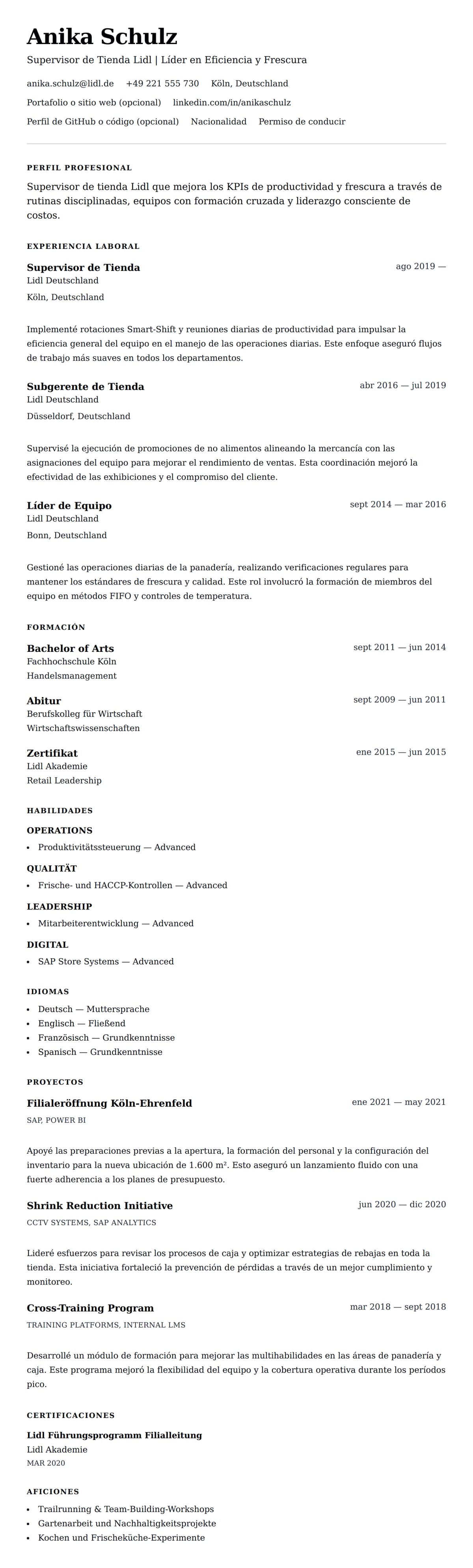 Vista previa del currículum Ejemplo de Currículum de Supervisor de Tienda Lidl