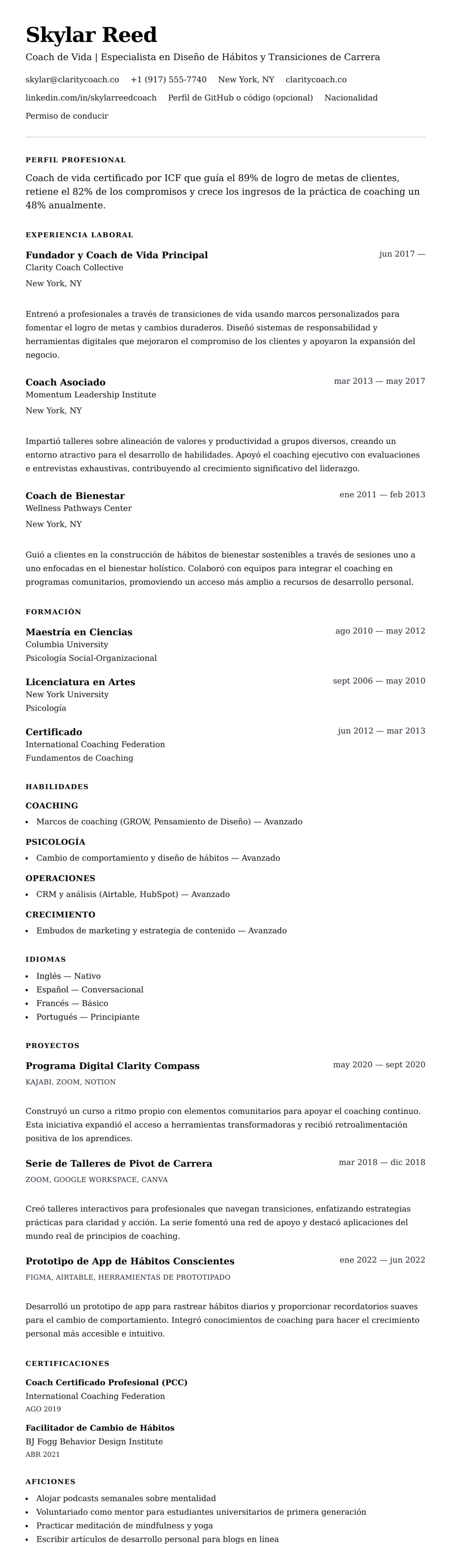 Vista previa del currículum Ejemplo de Currículum de Coach de Vida