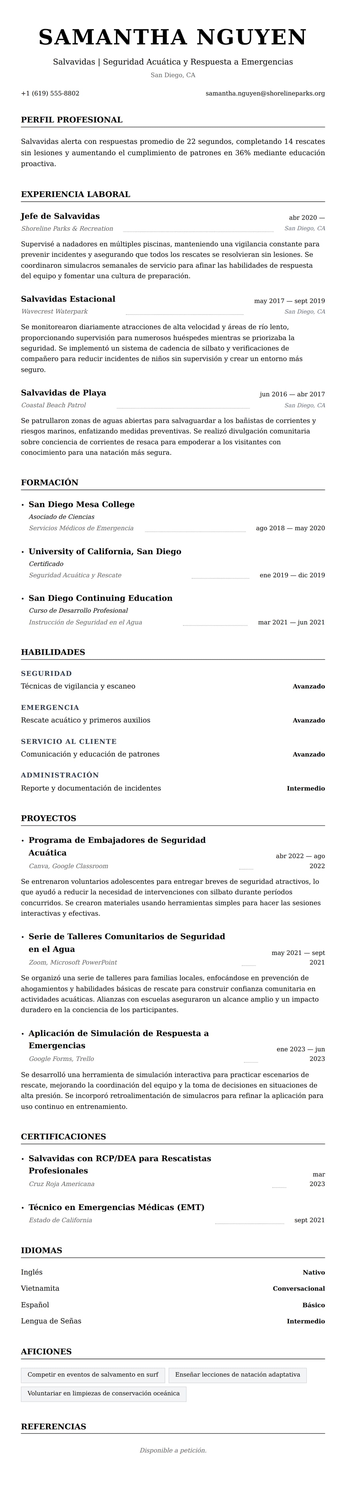 Vista previa del currículum Ejemplo de Currículum de Salvavidas