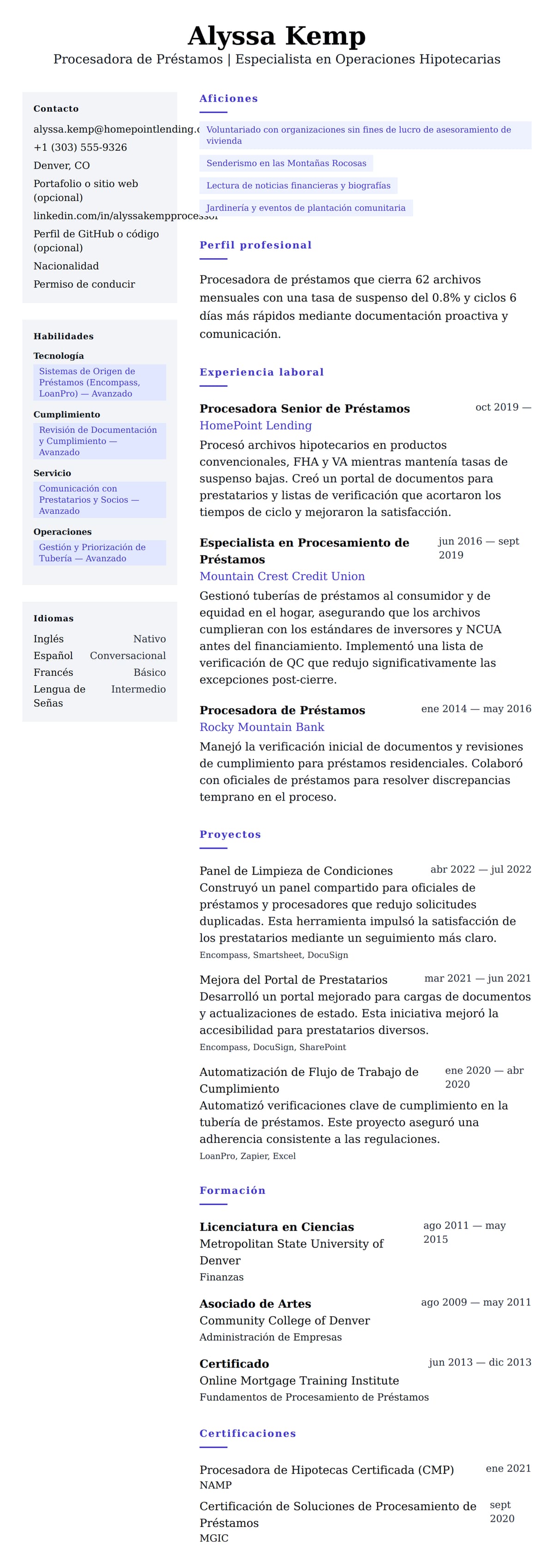 Vista previa del currículum Ejemplo de Currículum de Procesador de Préstamos