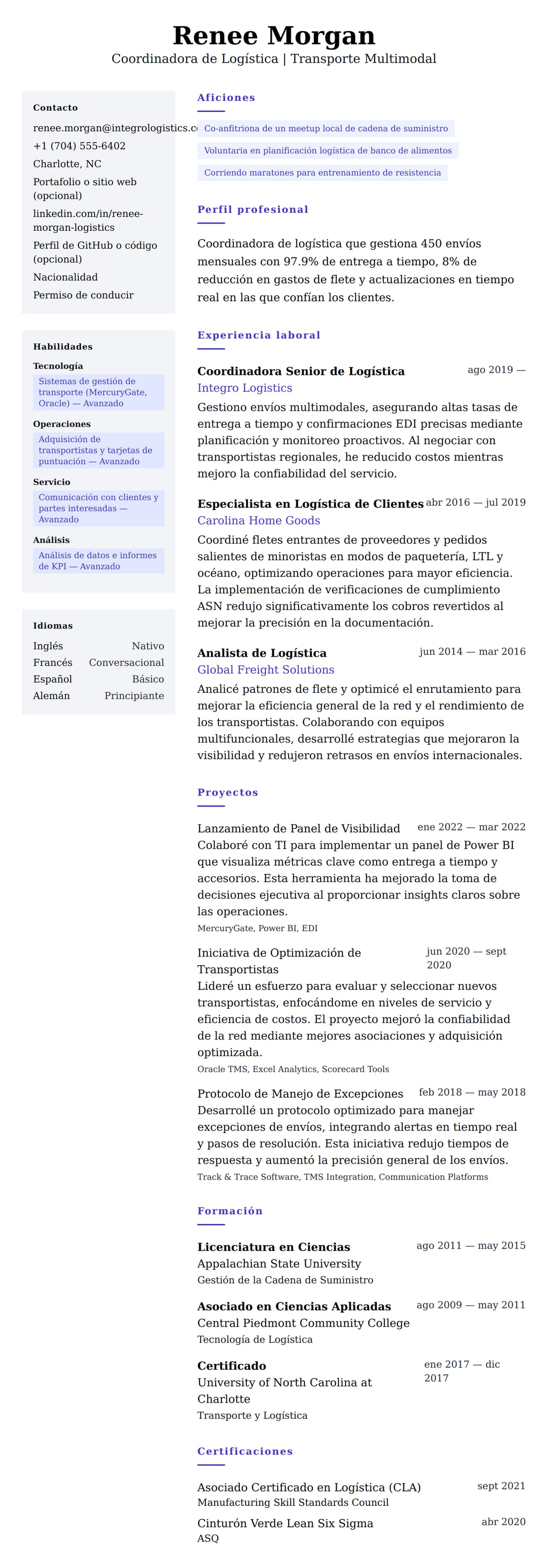 Vista previa del currículum Ejemplo de Currículum de Coordinador de Logística