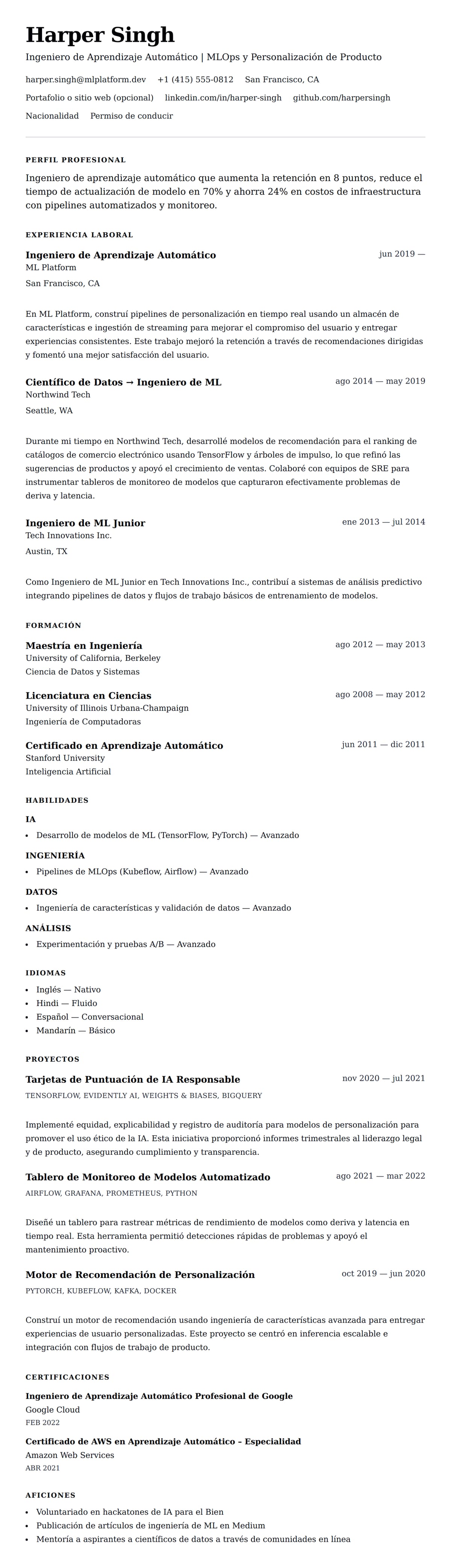 Vista previa del currículum Ejemplo de Currículum de Ingeniero de Aprendizaje Automático