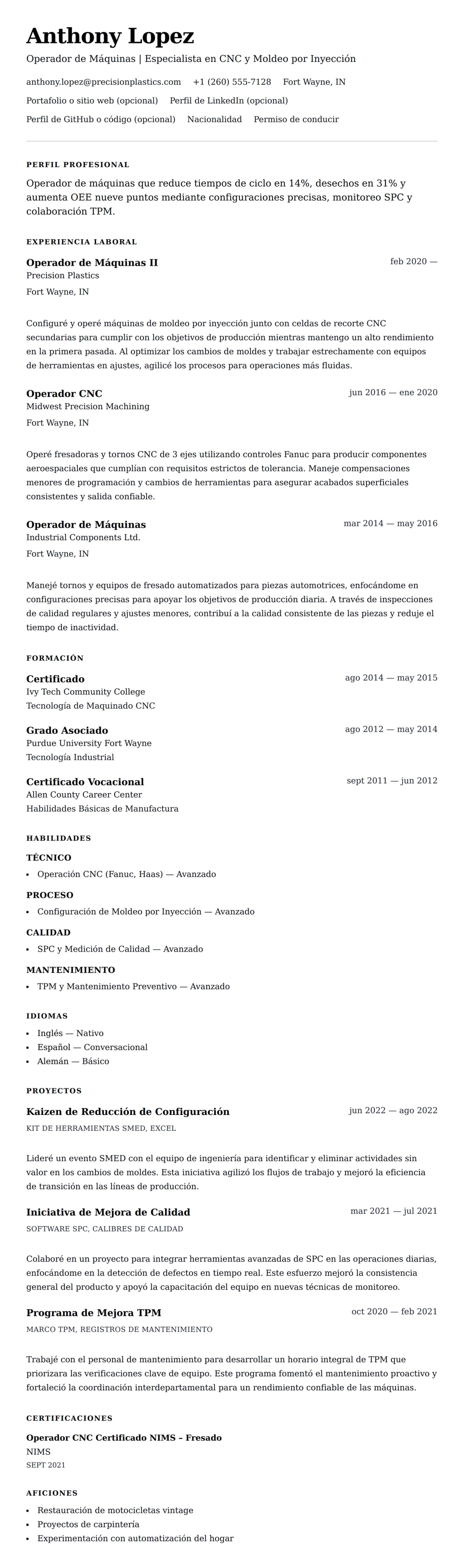 Vista previa del currículum Ejemplo de Currículum de Operador de Máquinas