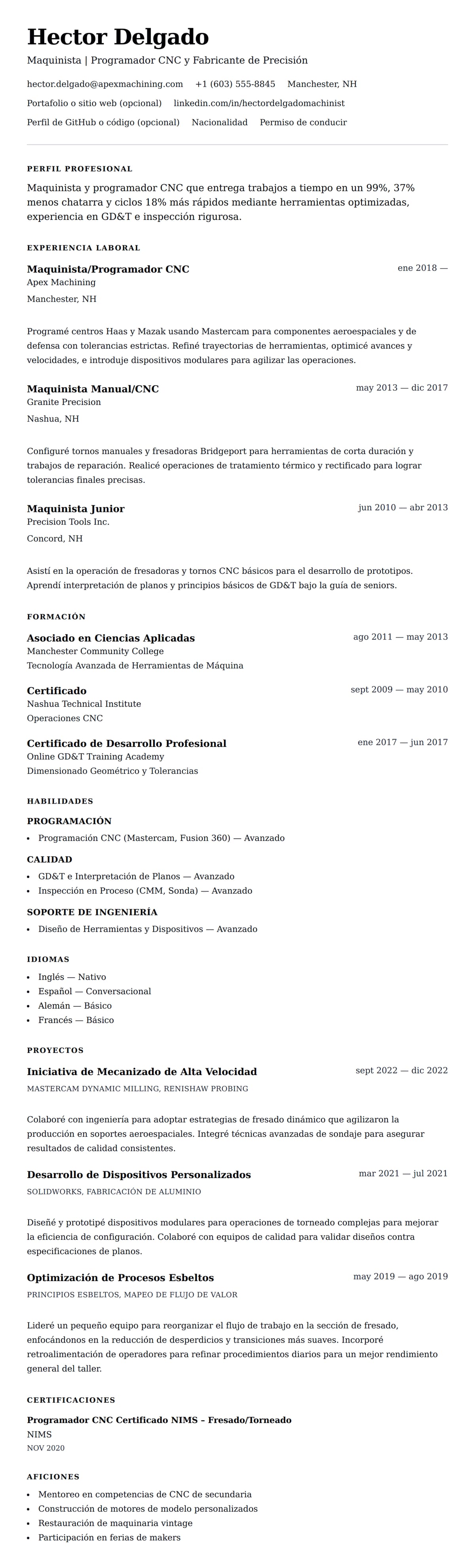 Vista previa del currículum Ejemplo de Currículum de Maquinista