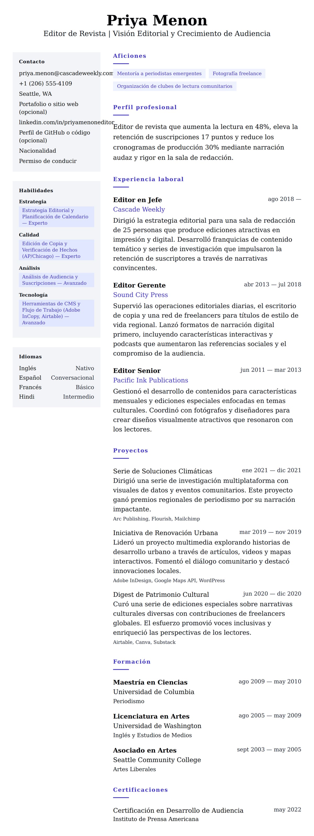 Vista previa del currículum Ejemplo de Currículum de Editor de Revista