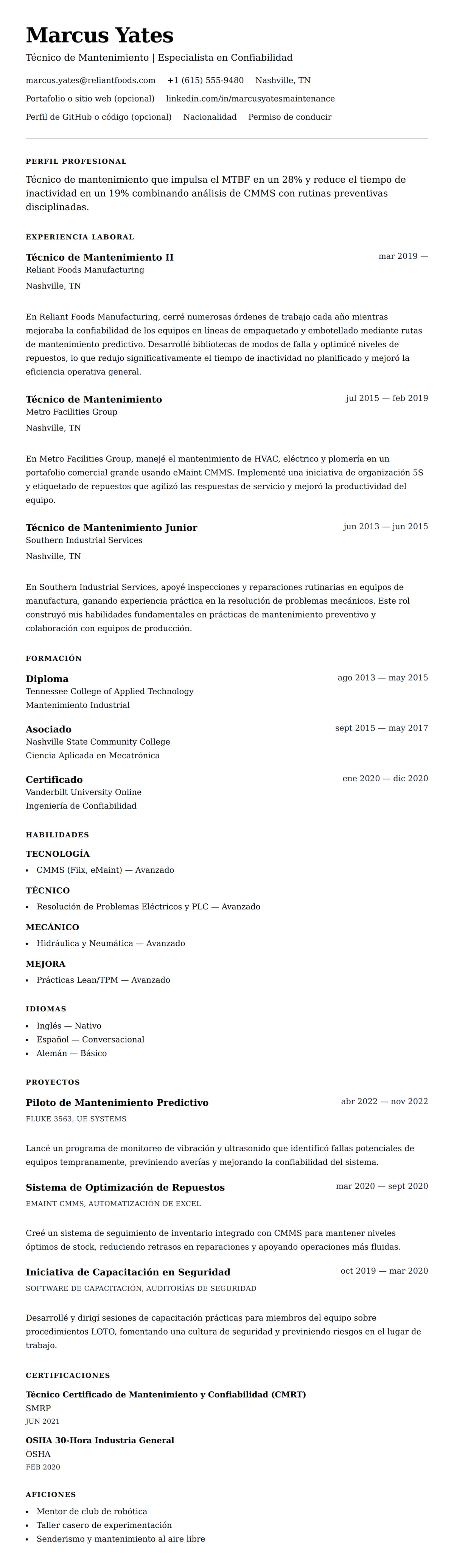 Vista previa del currículum Ejemplo de Currículum de Técnico de Mantenimiento