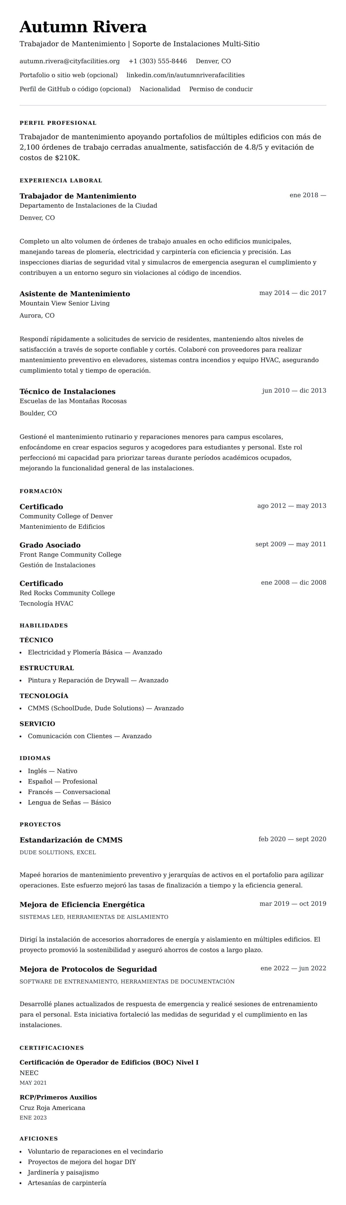 Vista previa del currículum Ejemplo de Currículum de Trabajador de Mantenimiento