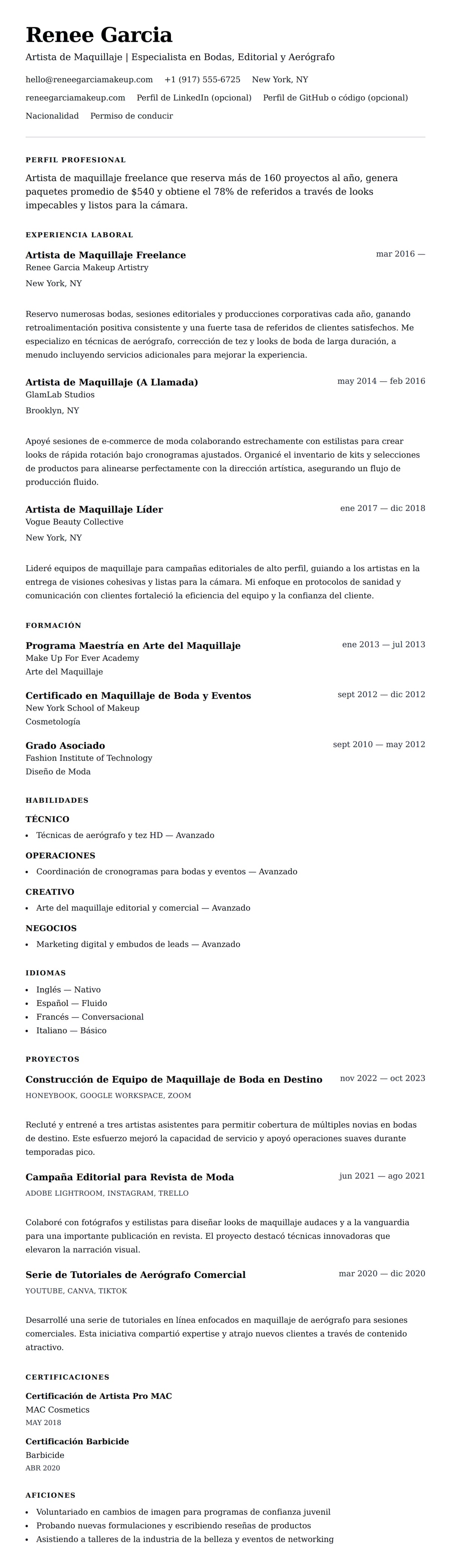 Ejemplo de Currículum de Artista de Maquillaje