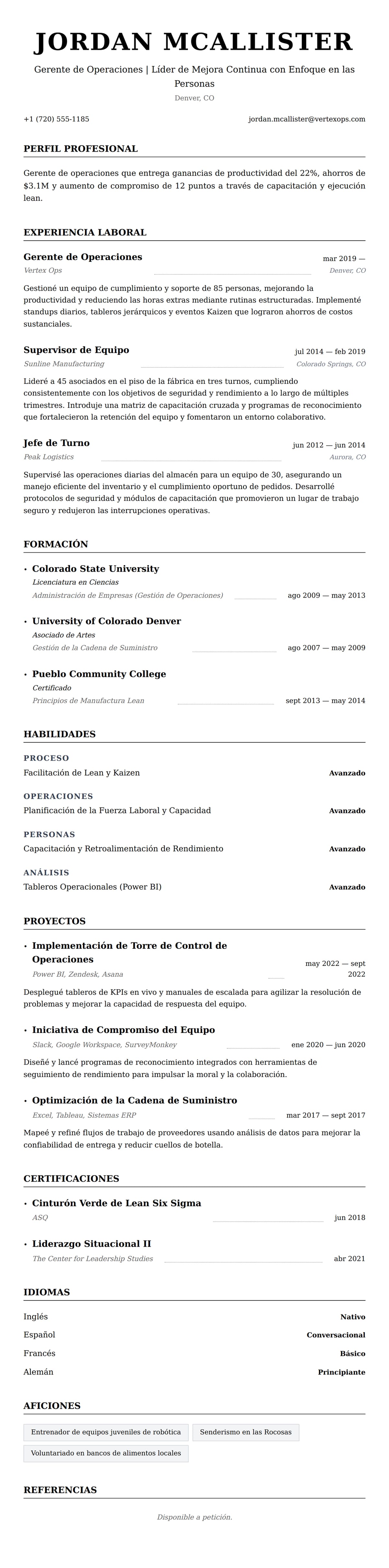 Vista previa del currículum Ejemplo de Currículum de Gerente de Operaciones