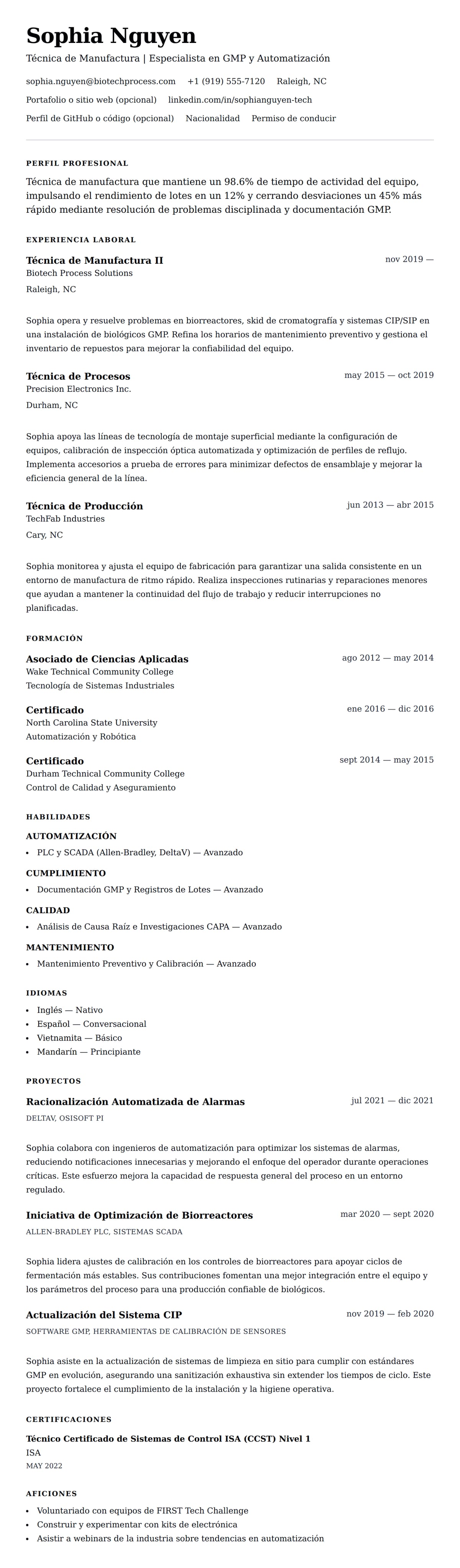 Vista previa del currículum Ejemplo de Currículum de Técnico de Manufactura