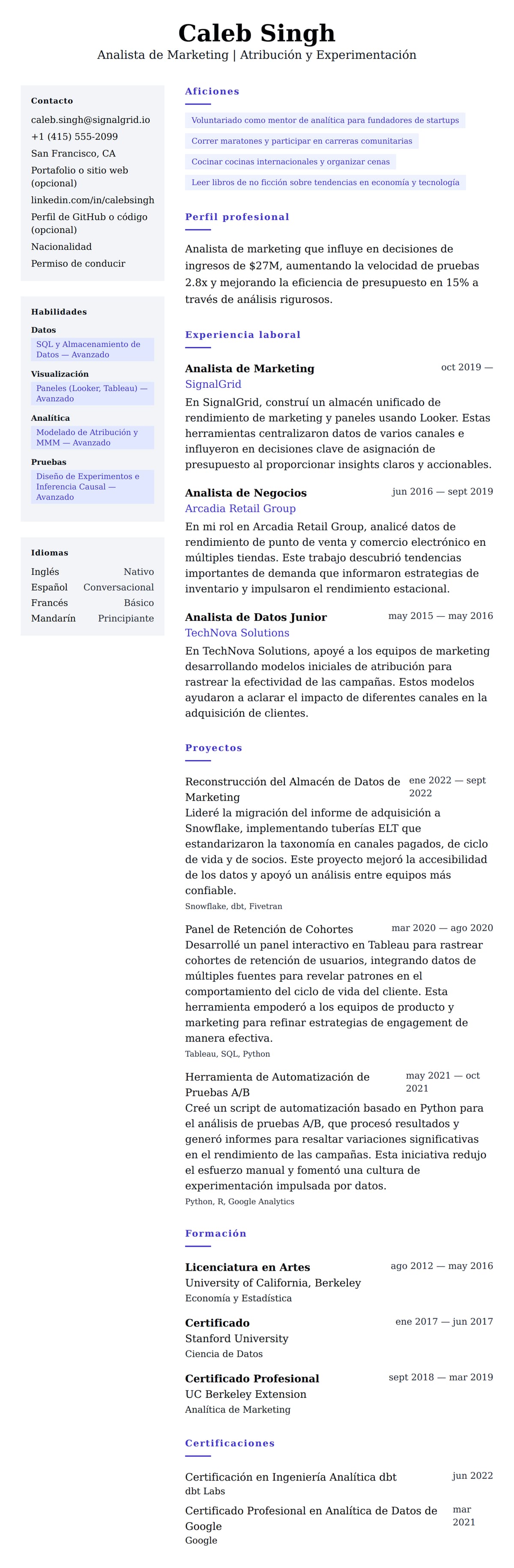Vista previa del currículum Ejemplo de Currículum de Analista de Marketing