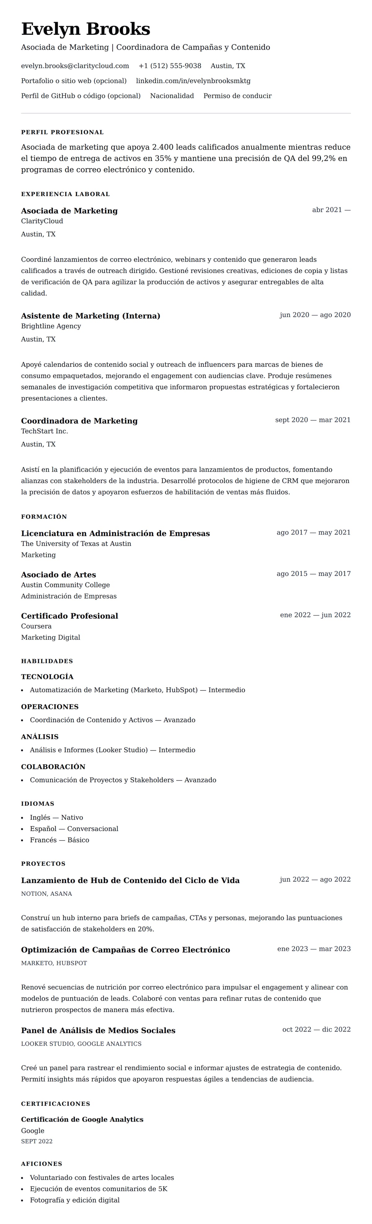 Vista previa del currículum Ejemplo de Currículum de Asociado de Marketing