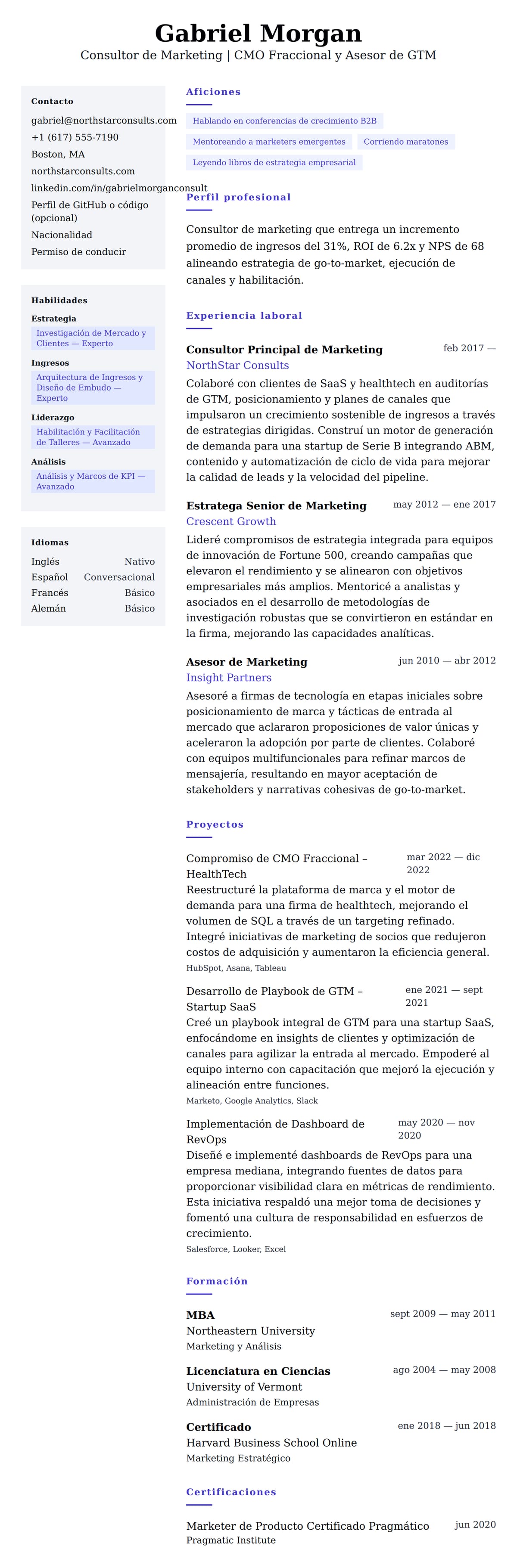 Vista previa del currículum Ejemplo de Currículum de Consultor de Marketing