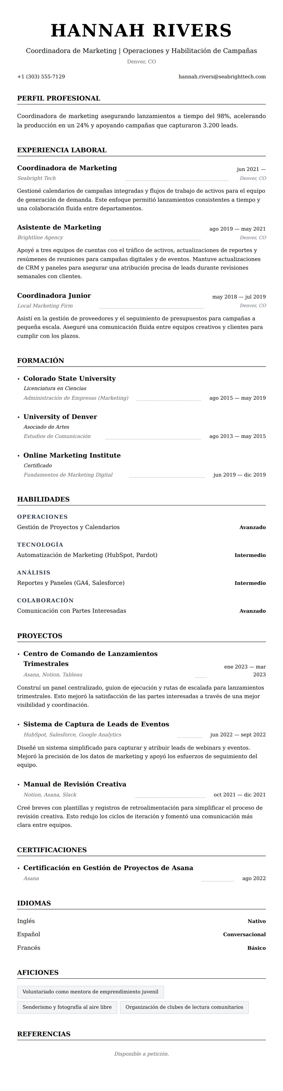 Vista previa del currículum Ejemplo de Currículum de Coordinador de Marketing