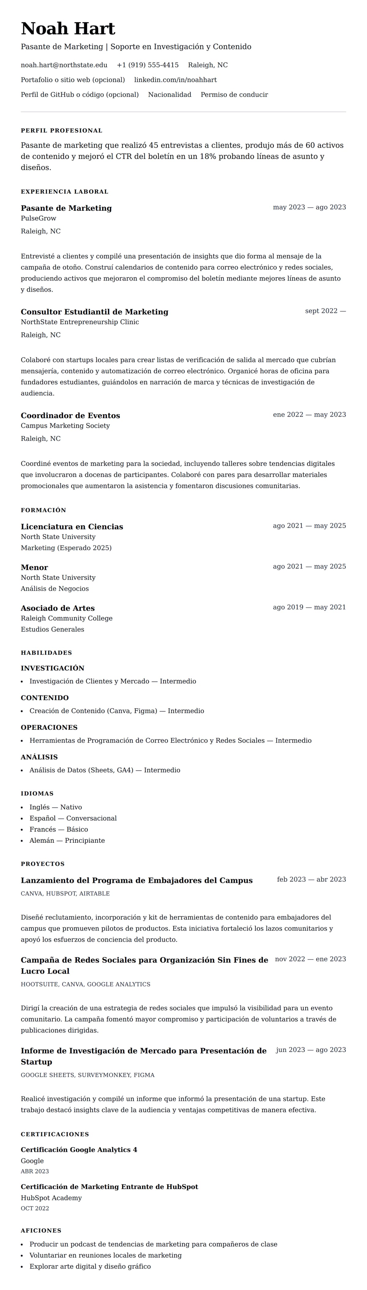 Vista previa del currículum Ejemplo de Currículum de Pasante de Marketing
