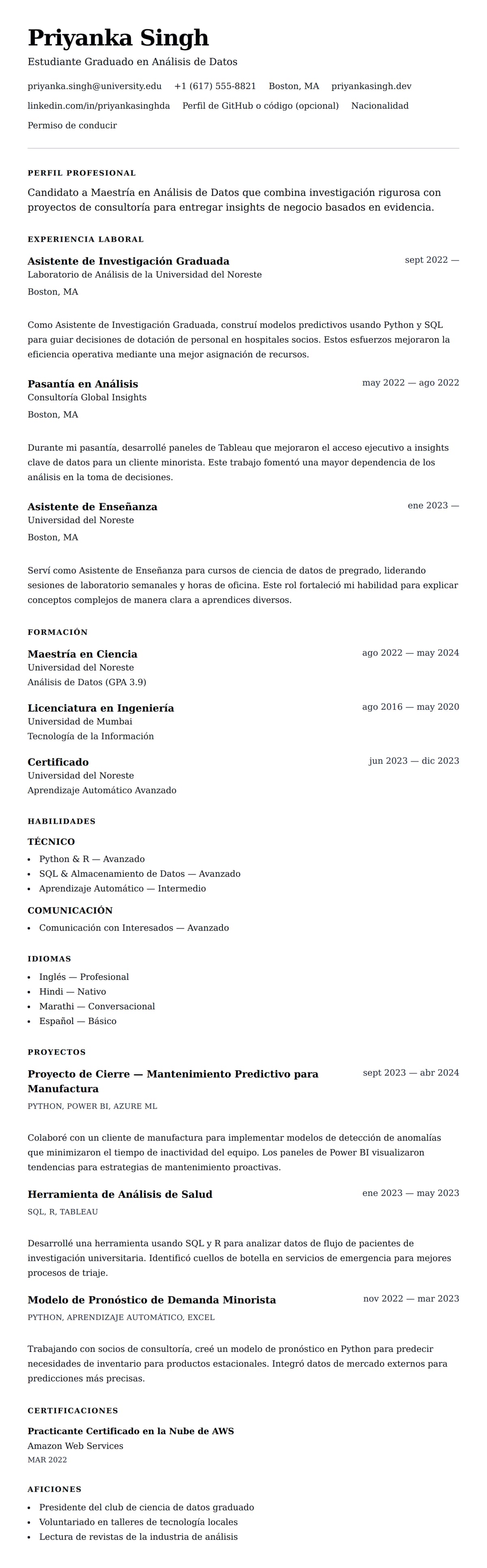 Vista previa del currículum Ejemplo de Currículum de Estudiante de Maestría