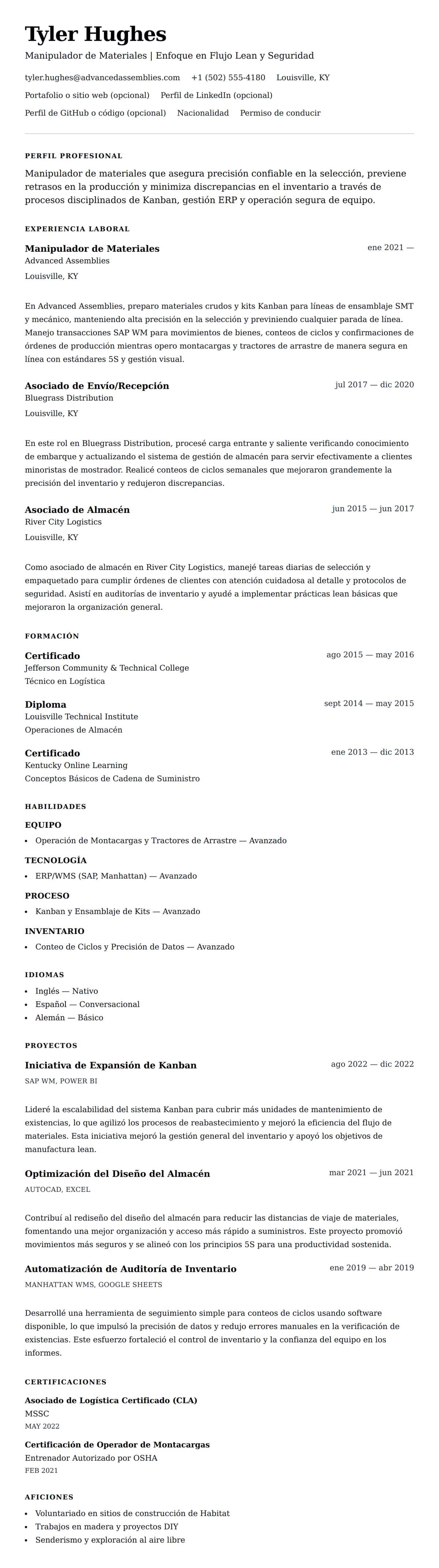Vista previa del currículum Ejemplo de Currículum de Manipulador de Materiales