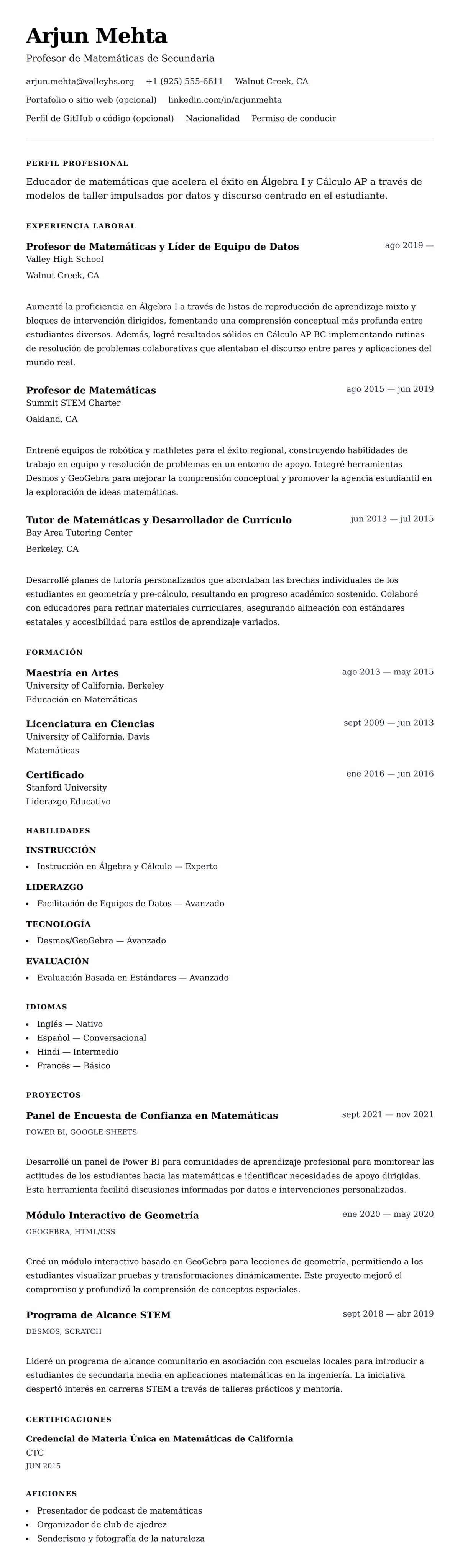Vista previa del currículum Ejemplo de Currículum de Profesor de Matemáticas