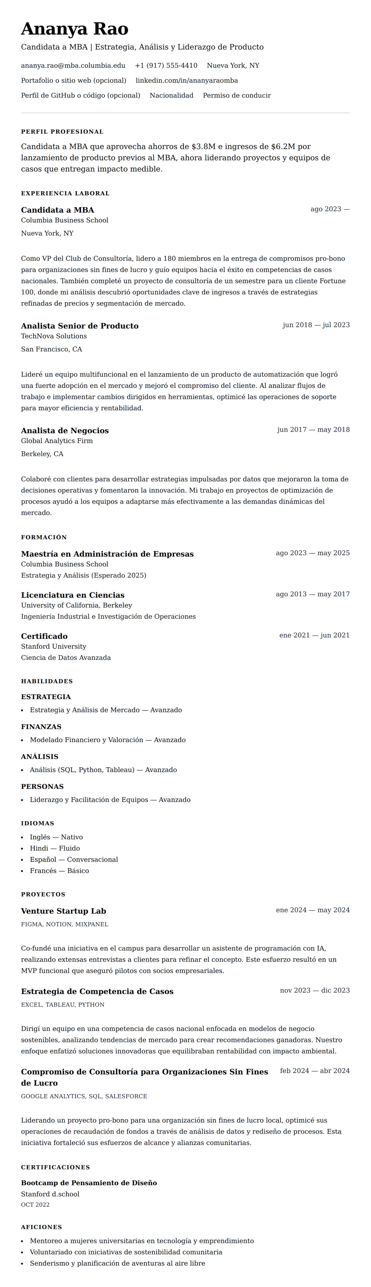 Vista previa del currículum Ejemplo de Currículum para Candidato a MBA