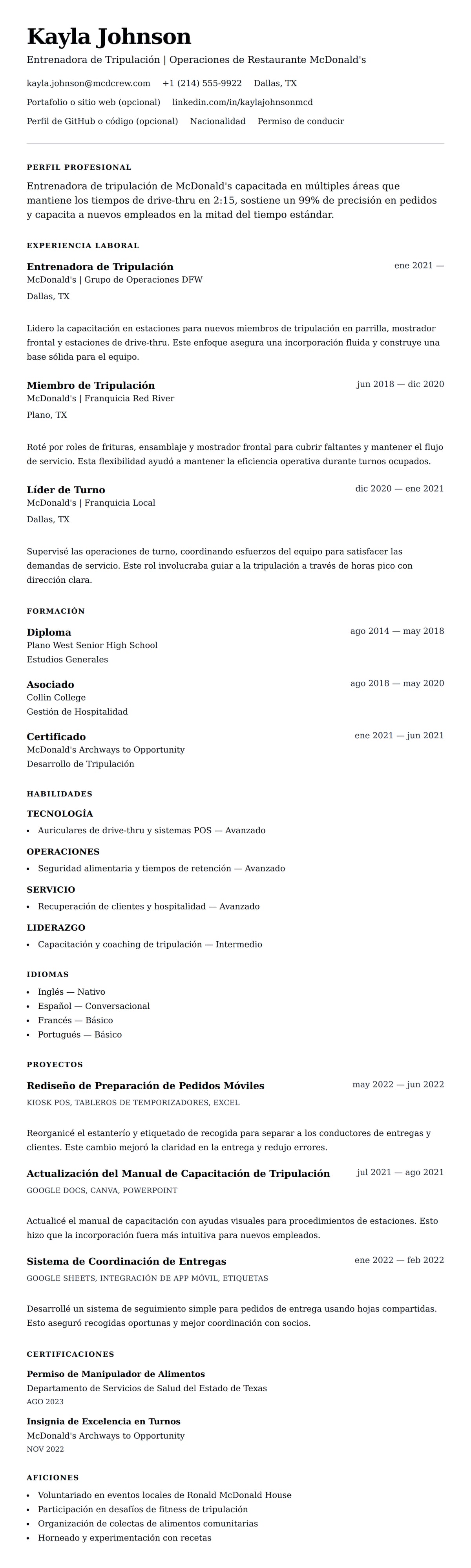 Vista previa del currículum Ejemplo de Currículum de Miembro de Tripulación de McDonald's