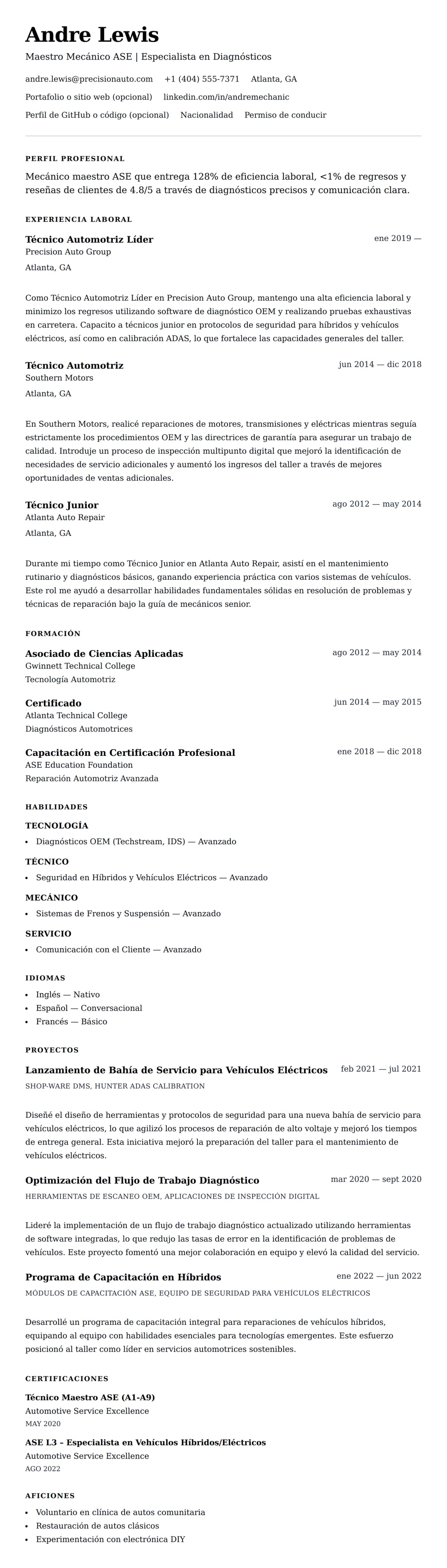 Vista previa del currículum Ejemplo de Currículum de Mecánico