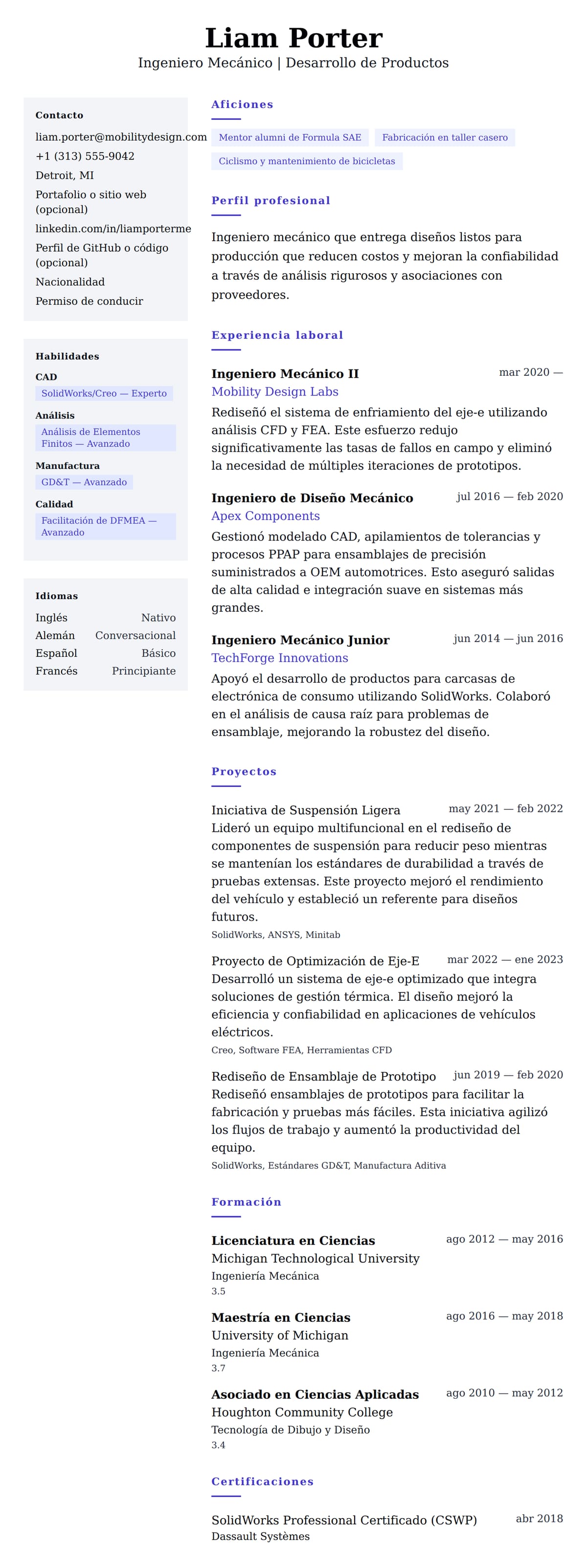 Vista previa del currículum Ejemplo de Currículum de Ingeniero Mecánico