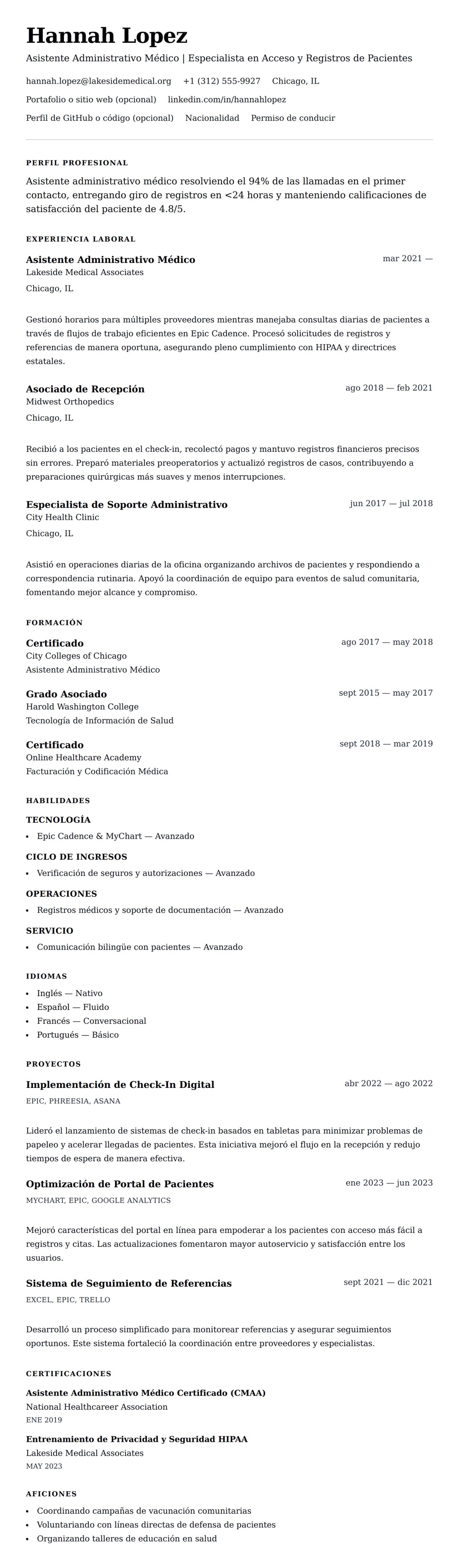 Vista previa del currículum Ejemplo de Currículum de Asistente Administrativo Médico