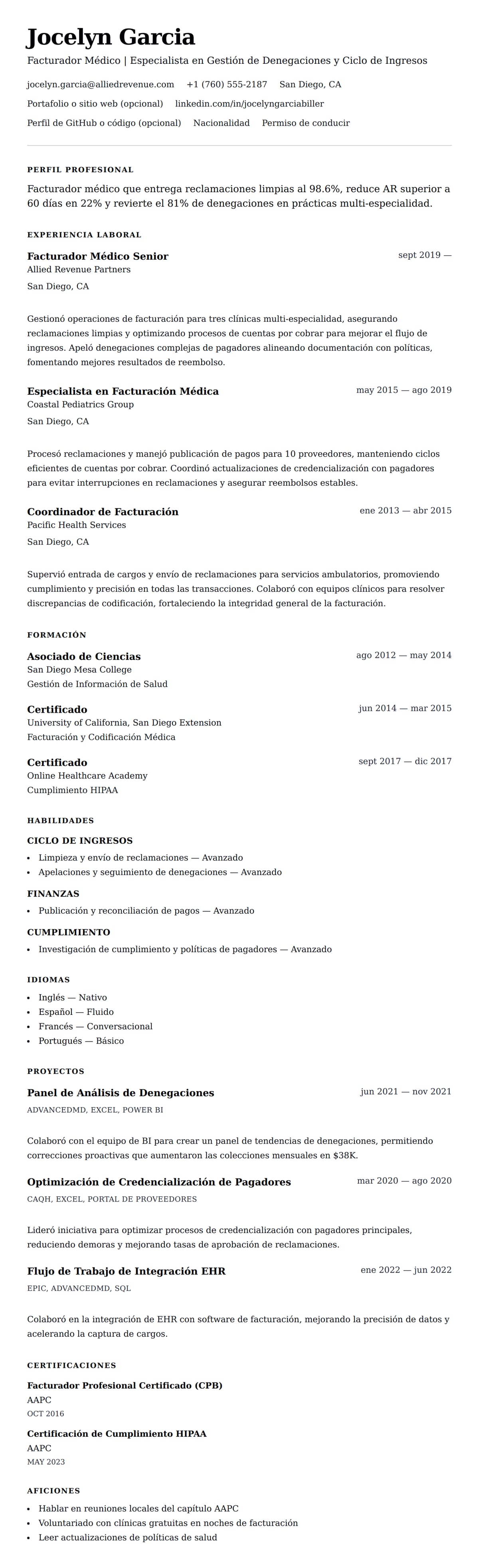 Vista previa del currículum Ejemplo de Currículum de Facturador Médico