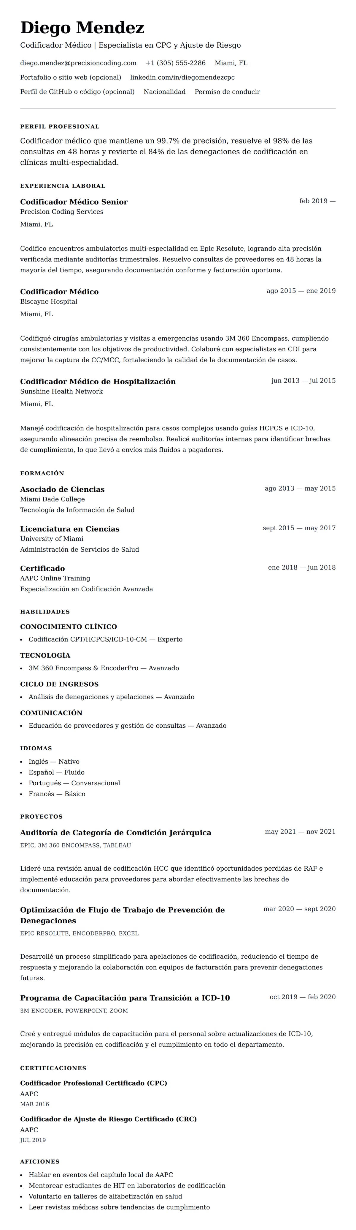 Vista previa del currículum Ejemplo de Currículum de Codificador Médico