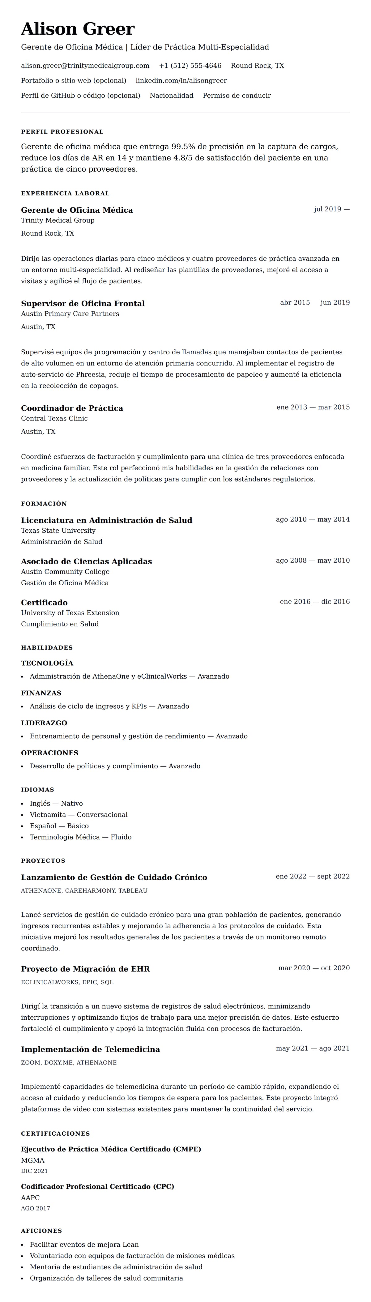 Vista previa del currículum Ejemplo de Currículum de Gerente de Oficina Médica