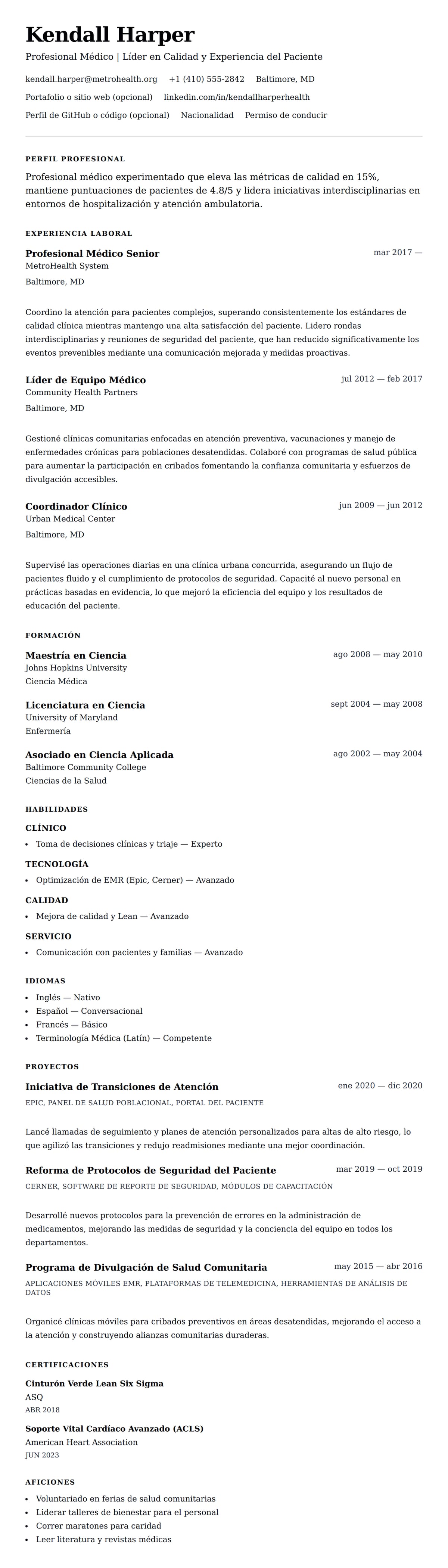 Vista previa del currículum Ejemplo de Currículum para Profesional Médico