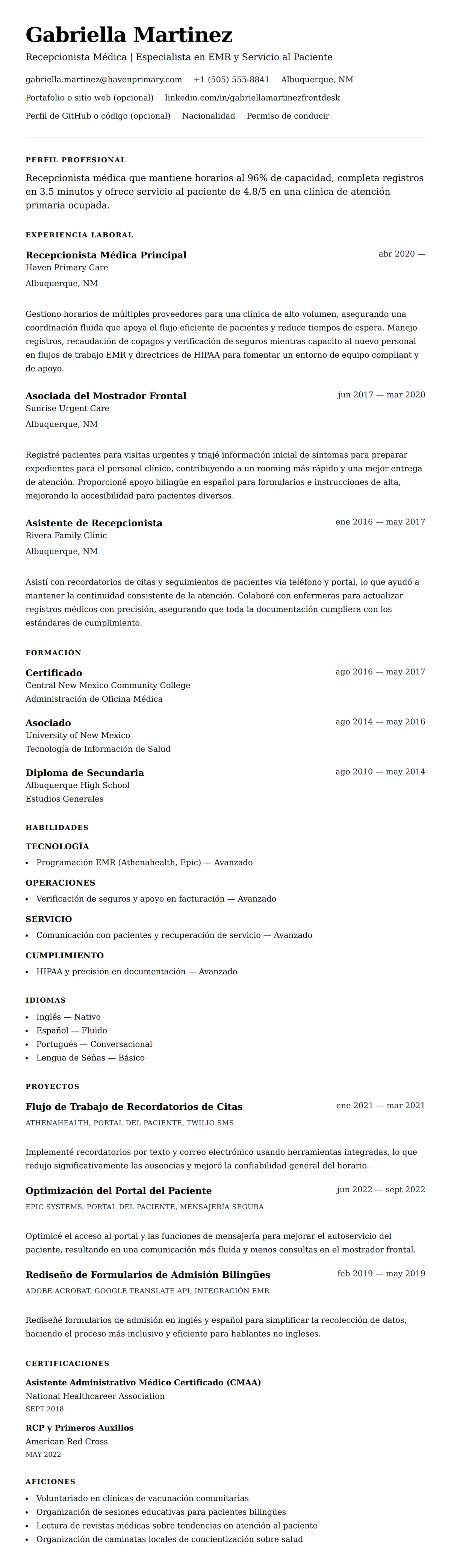 Vista previa del currículum Ejemplo de Currículum de Recepcionista Médica