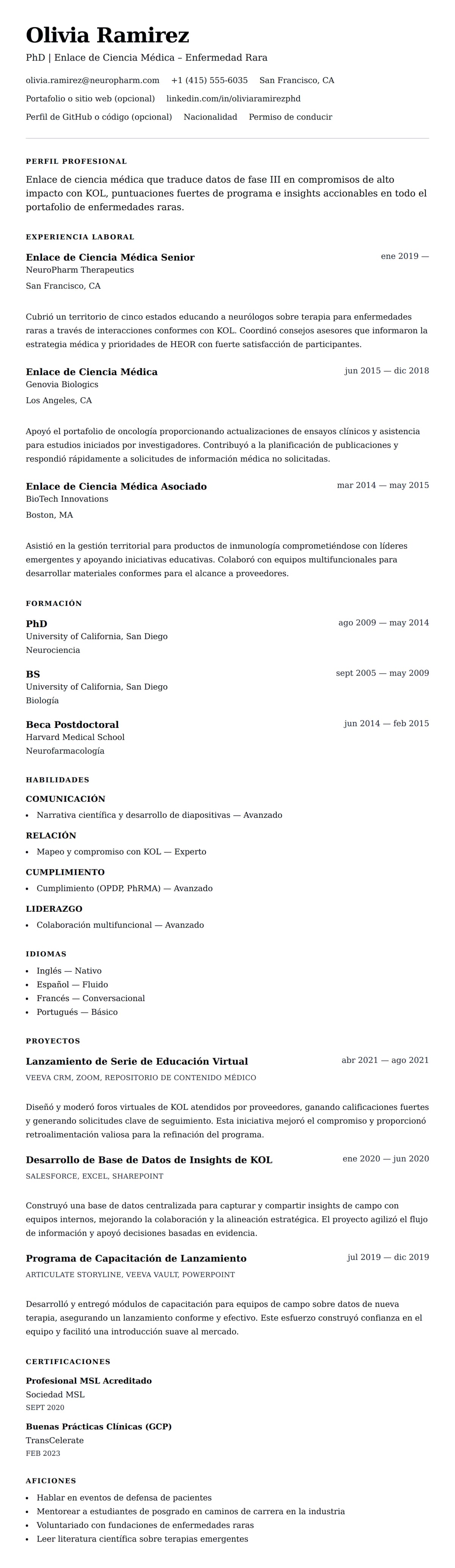 Vista previa del currículum Ejemplo de Currículum de Enlace de Ciencia Médica