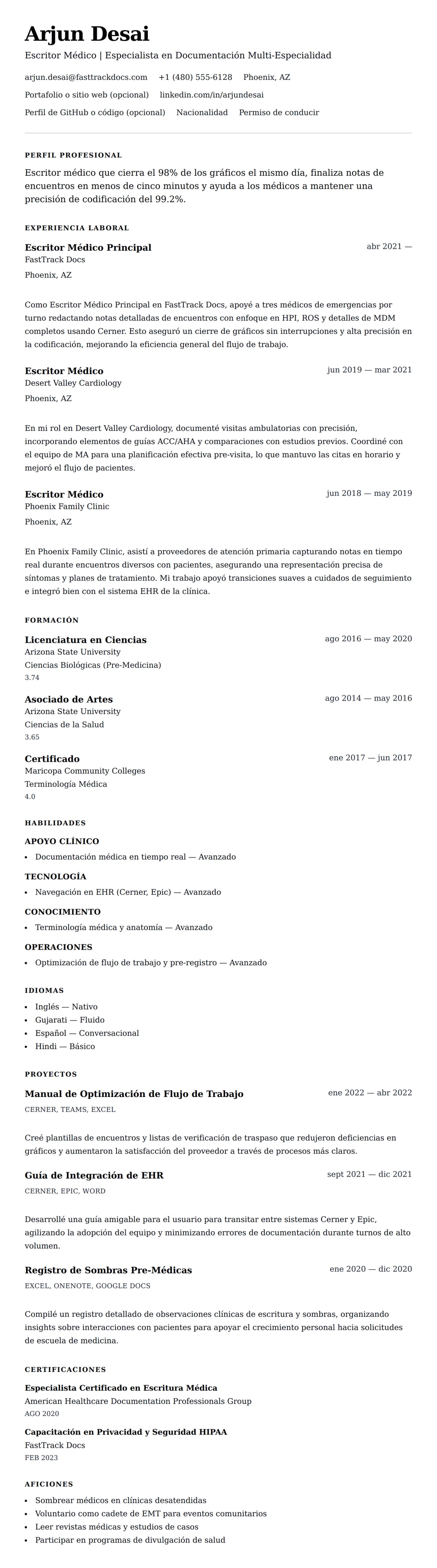 Vista previa del currículum Ejemplo de Currículum de Escritor Médico