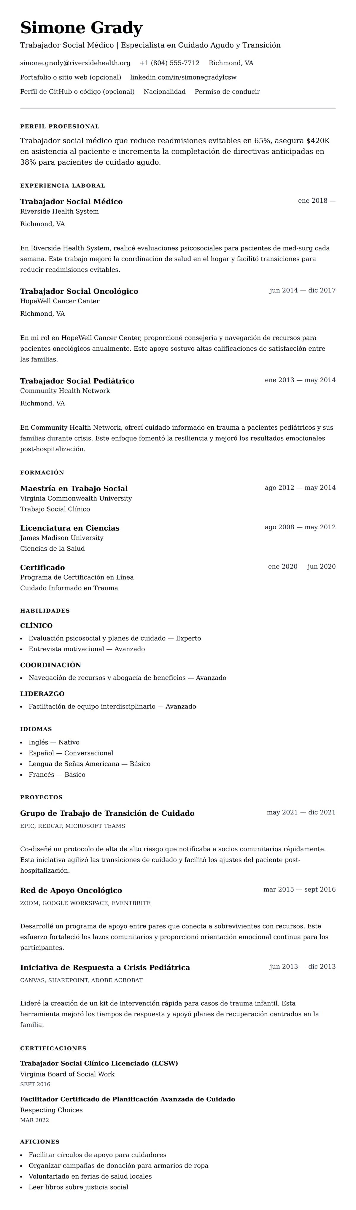 Vista previa del currículum Ejemplo de Currículum de Trabajador Social Médico