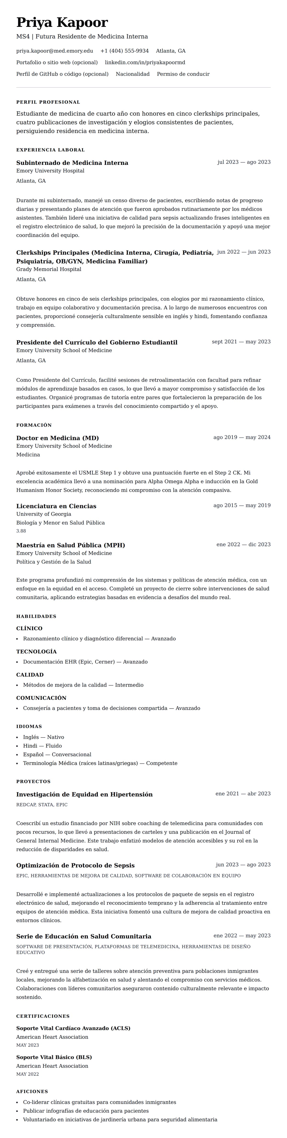 Vista previa del currículum Ejemplo de Currículum de Estudiante de Medicina